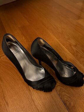 Stuart Weitzman Black Satin Pleated Peep-Toe Heels